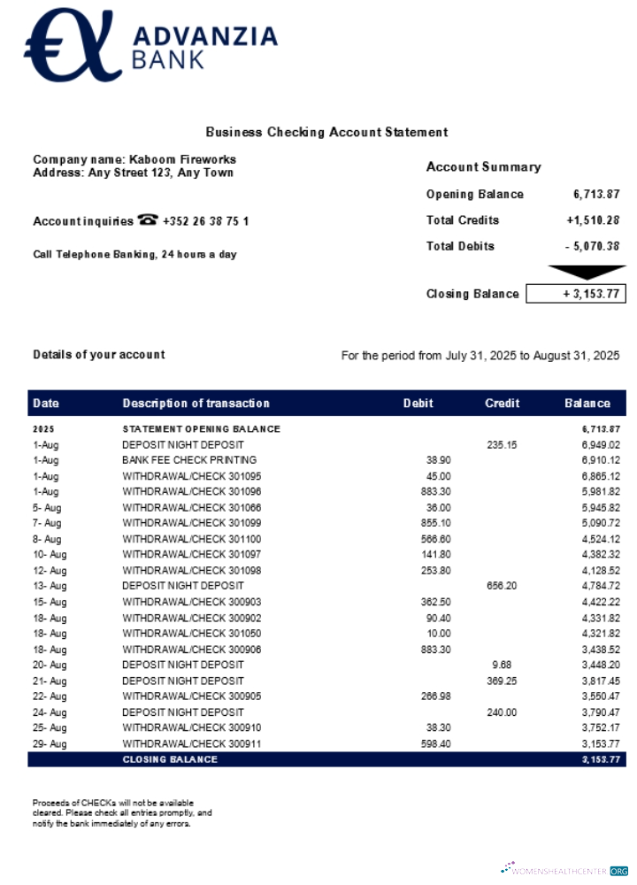 Download Advanzia business firm statement Word and PDF format (1) Photoshop template